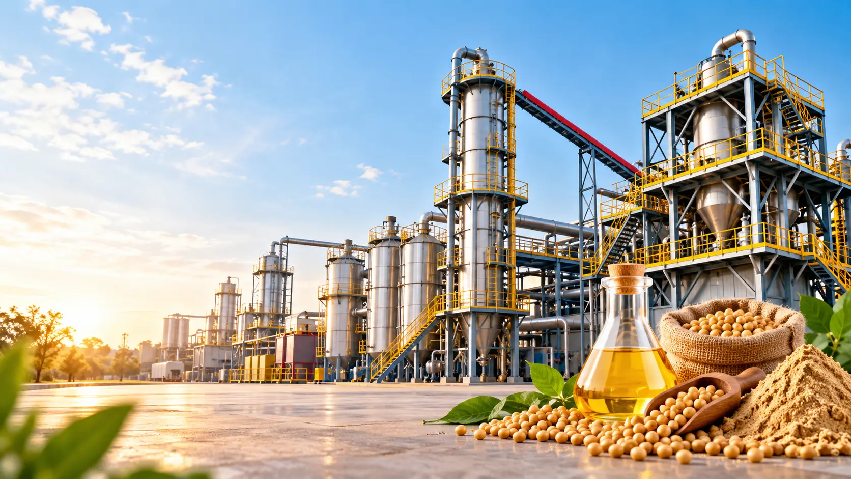Solvent extraction plant at golden hour with steel processing equipment, oilseeds and golden oil